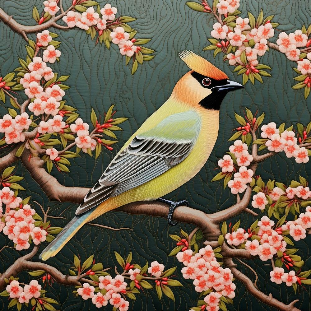 Ohara Koson Inspired Bird Painting Cedar Waxwing 3 Square