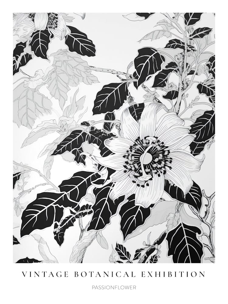 Passionflower B&W Vintage Botanical Poster