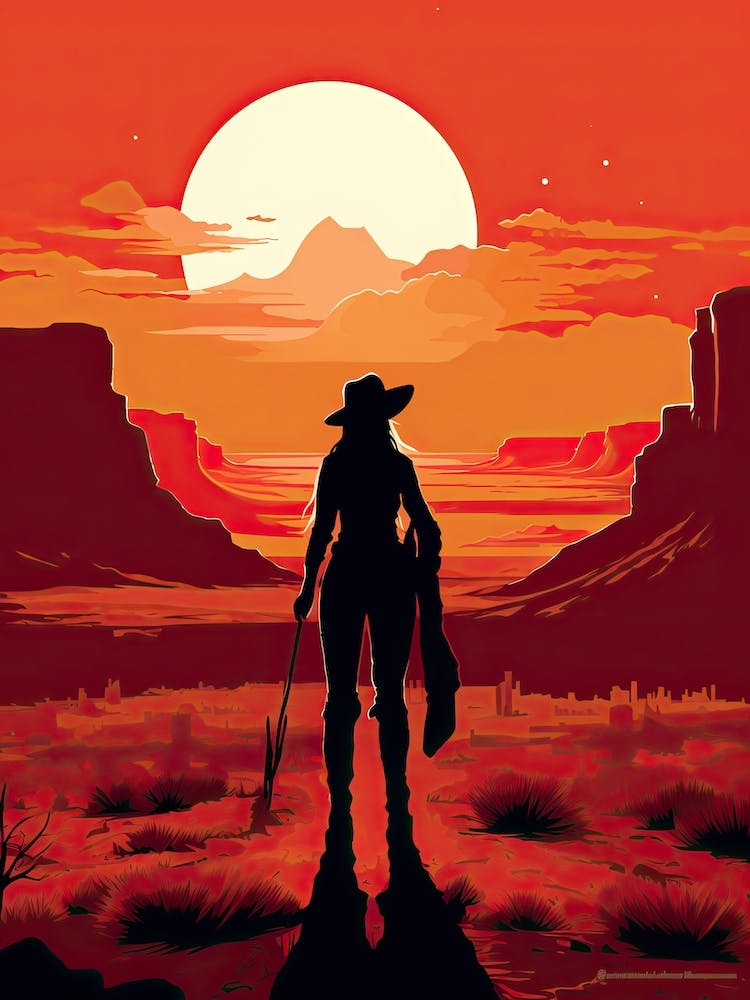 Cowgirl Riding A Horse In The Desert Orange Tones Illustration 5