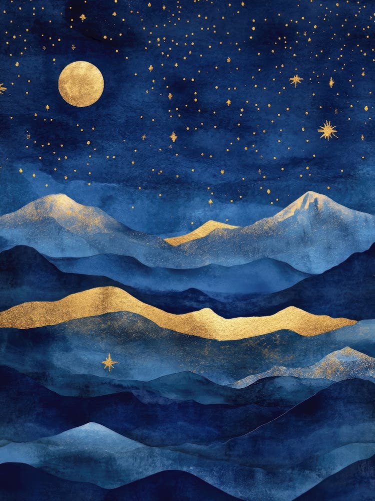 Golden moonrise over midnight peaks – deep indigo, navy, and gilded gold – cosmic serene aesthetic – layered digital watercolor – Gustav Klimt-inspired – abstract landscape spiritual art – ideal for bedrooms, meditation spaces, or gallery walls