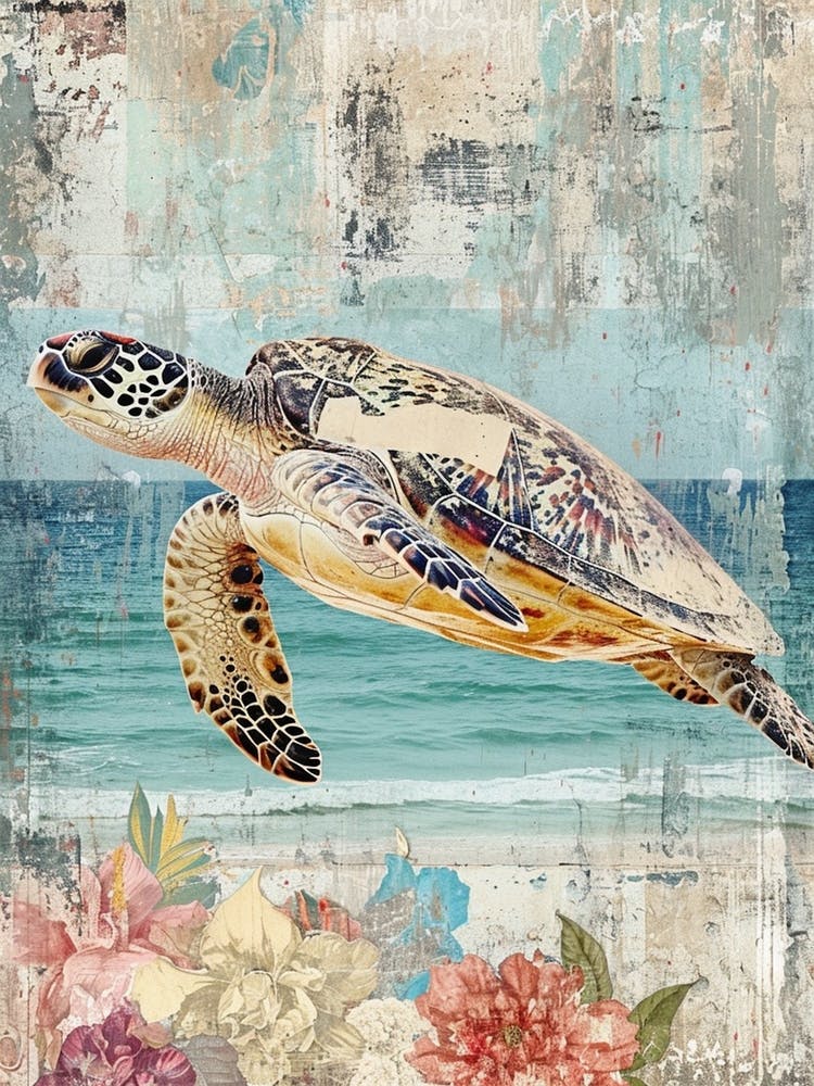 Sea Turtle Travel Poster Inspired Floraljpg