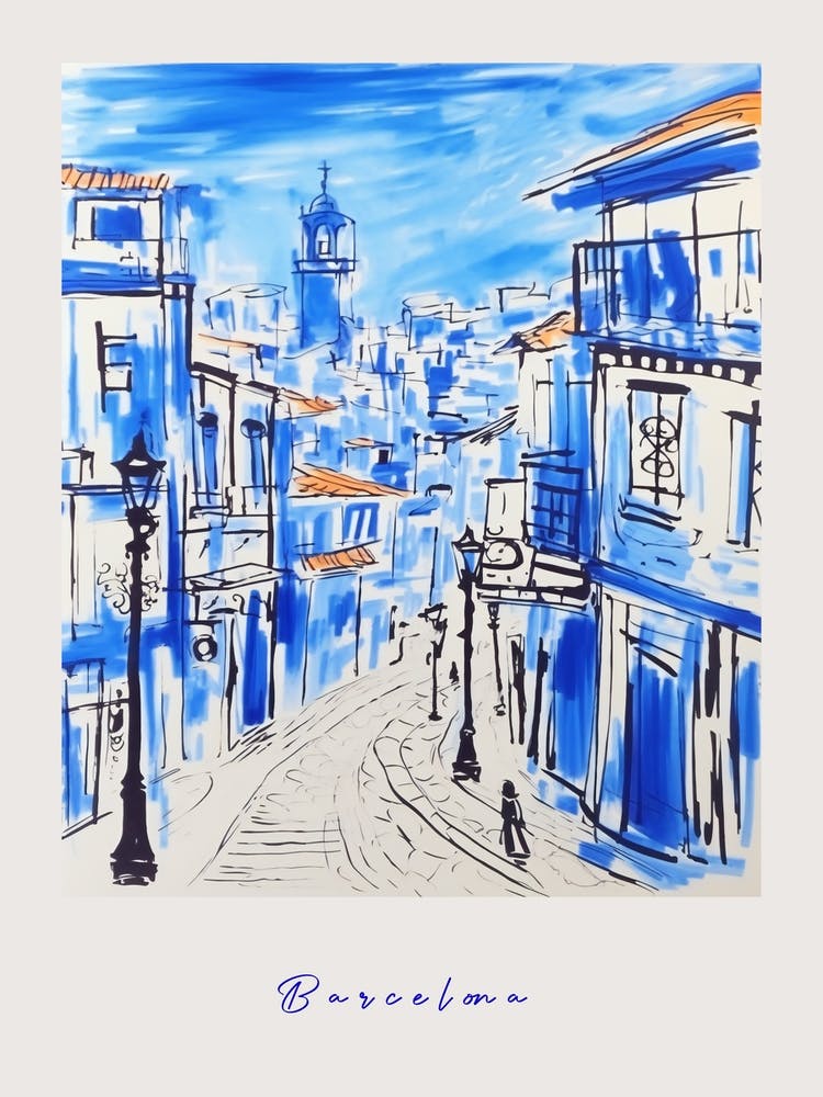 Barcelona Spain Mediterranean Blue Drawing Poster