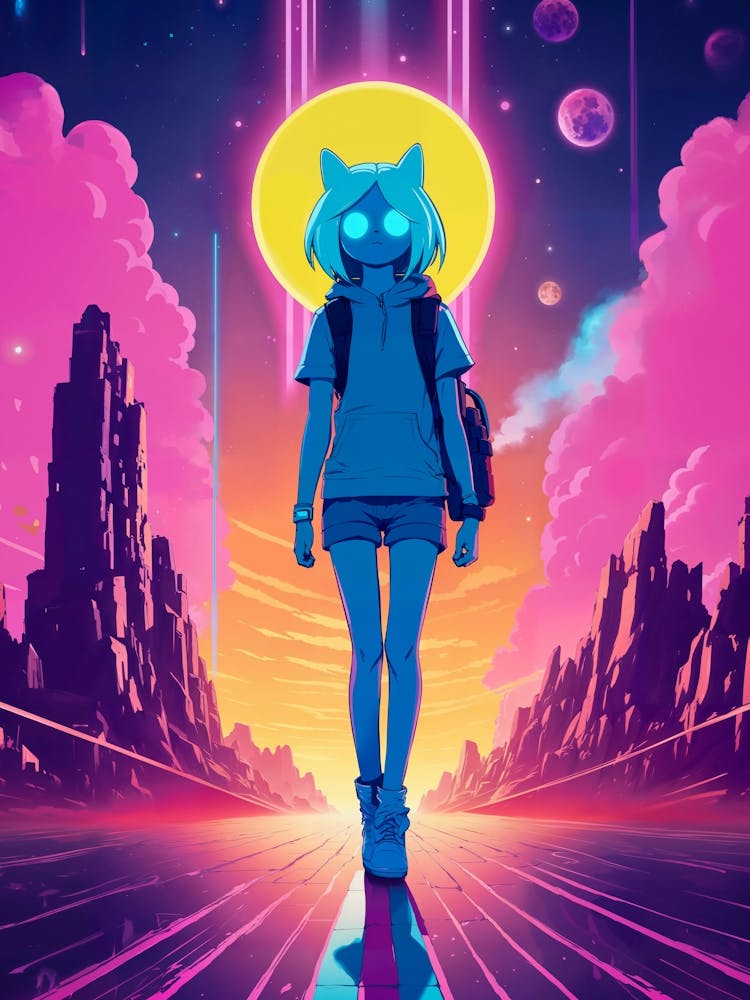 A vaporwave dream unfolds with a cyberpunk anime girl — a mesmerizing blend of synthwave allure, neko charm, and neon-lit fantasy, embodying the essence of a beautiful teen.