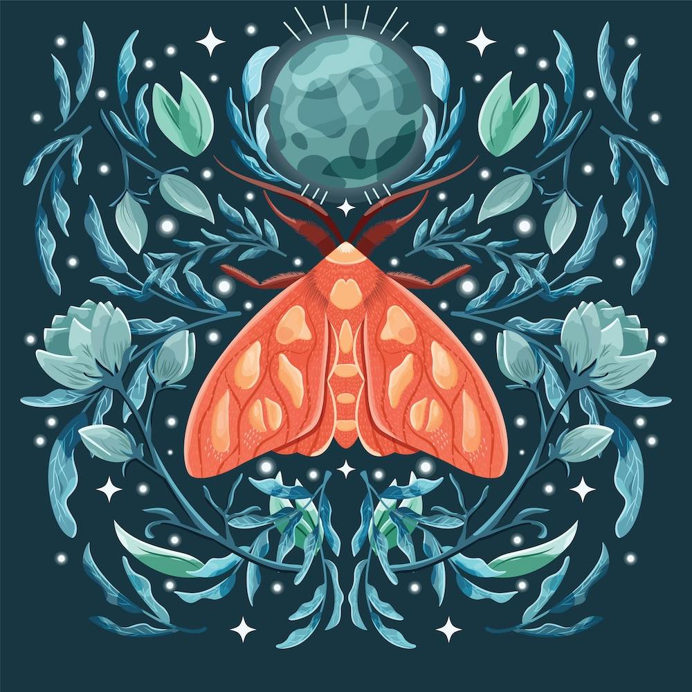 Papillon de Nuit Orange sur Fond Floral Bleu et Lune Carré