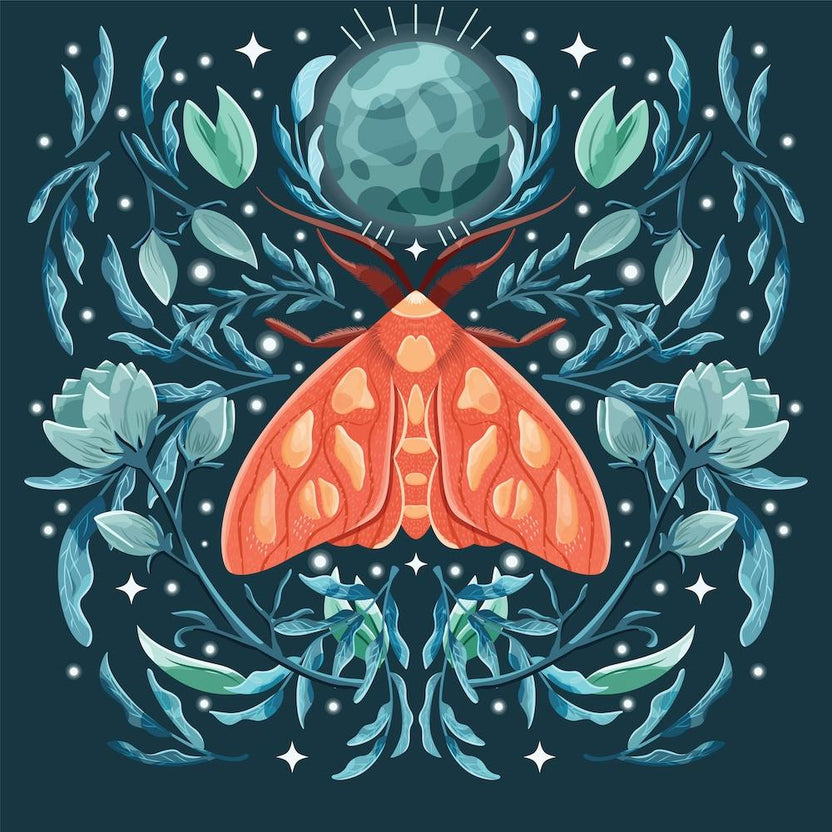 Night Orange Moth On Floral Blue Background And Moon Square