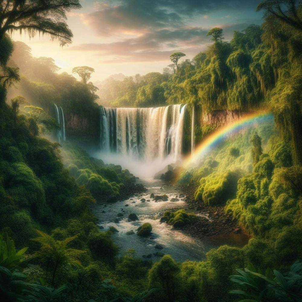 A Rainbow Over A Waterfall Surrounded By Lush Vegetation