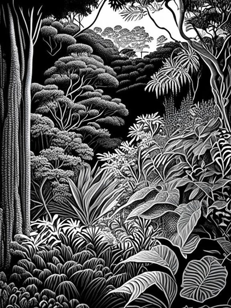 Mount Tomah Botanic Garden, 1, Australia Linocut Black And White Vintage