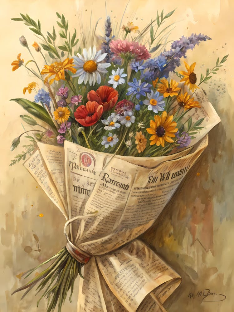 Wildflower Bouquet Wrapped in Vintage Paper Oil Painting Style