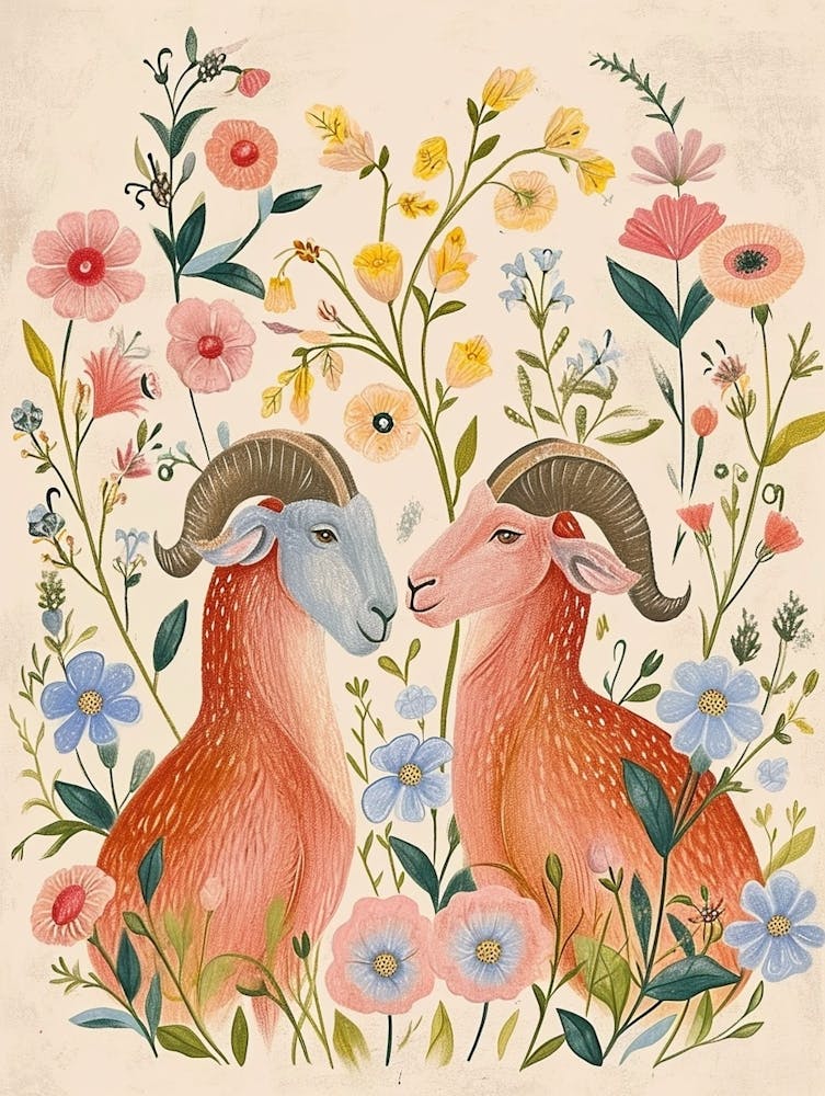 Folksy Floral Animal Drawing Ram 2