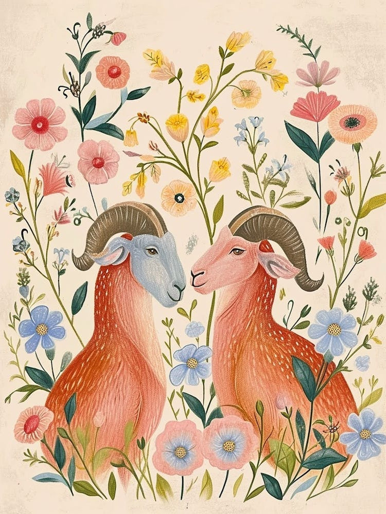 Folksy Floral Animal Drawing Ram 2