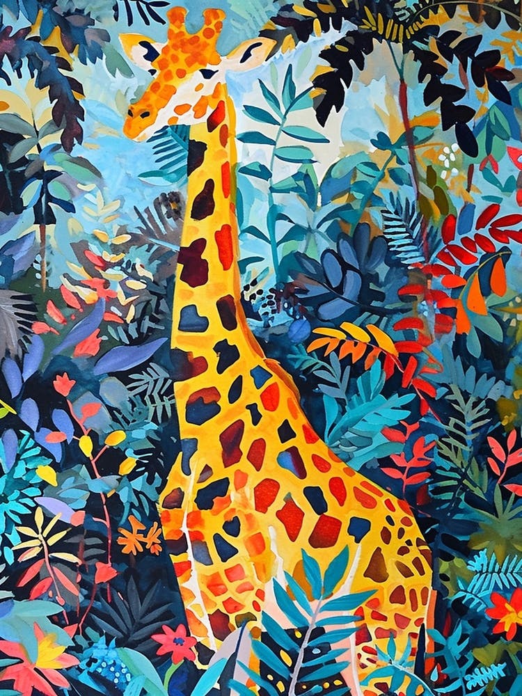 Colourful Giraffe In The Leaves Illustration 4