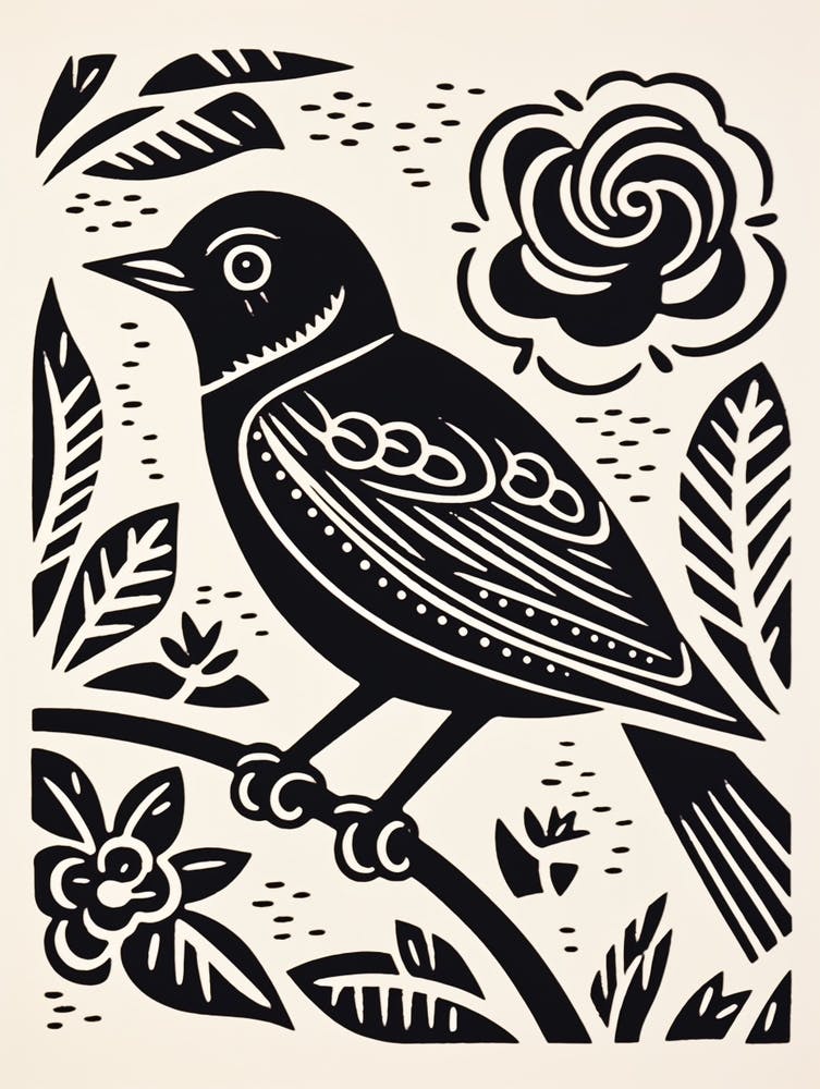 Linogravure d'oiseau N&B Moineau 4
