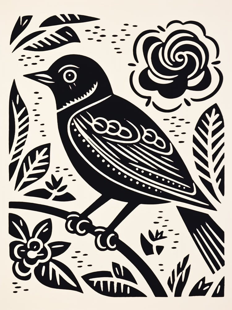B&W Bird Linocut Sparrow 4