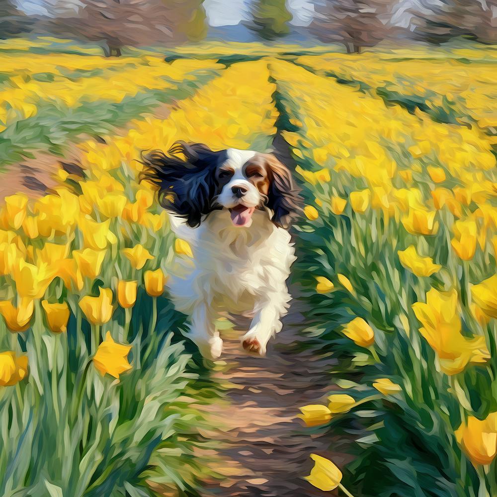 King Charles Spaniel in a field of Daffodils