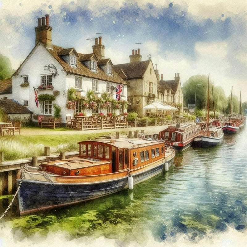 Boat outside pub water colour