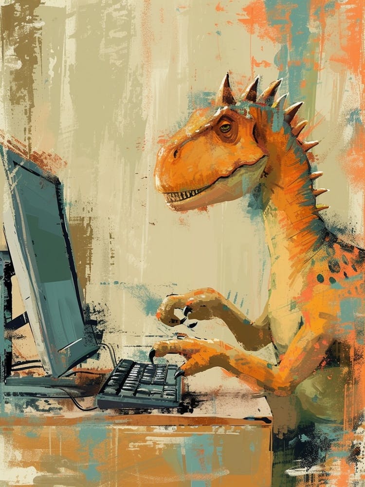 Spikey Mustard Dinosaur On A Computer