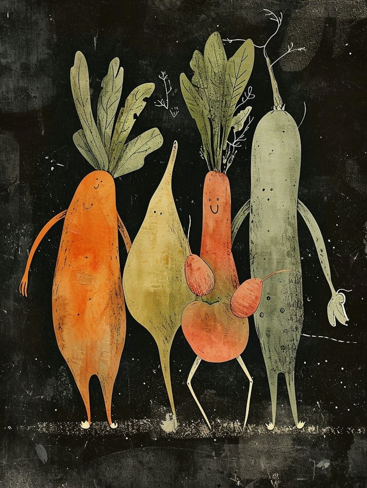 Sweet Vegetables With Faces Watercolour Illustration