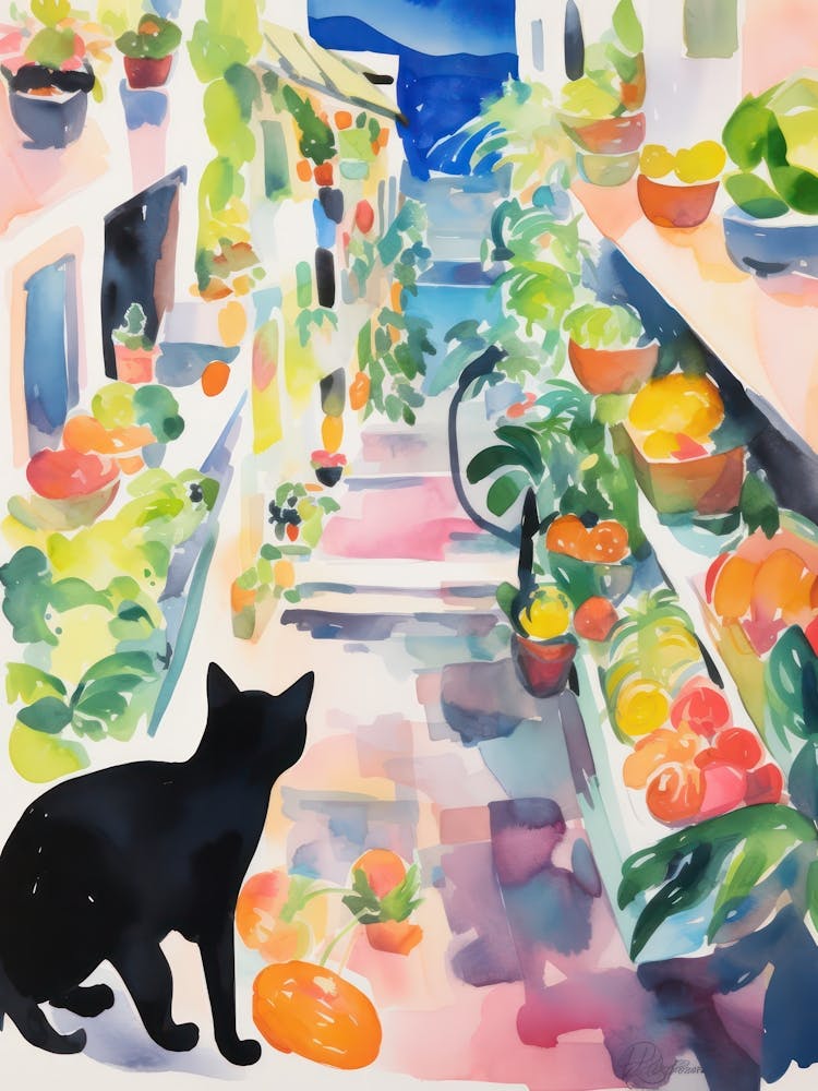 Lebensmittelmarkt mit Katzen in Positano 1 Aquarell