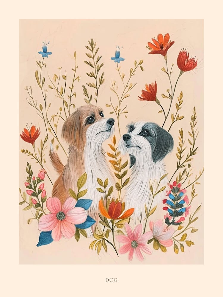 Folksy Floral Animal Drawing Dog 4 Poster