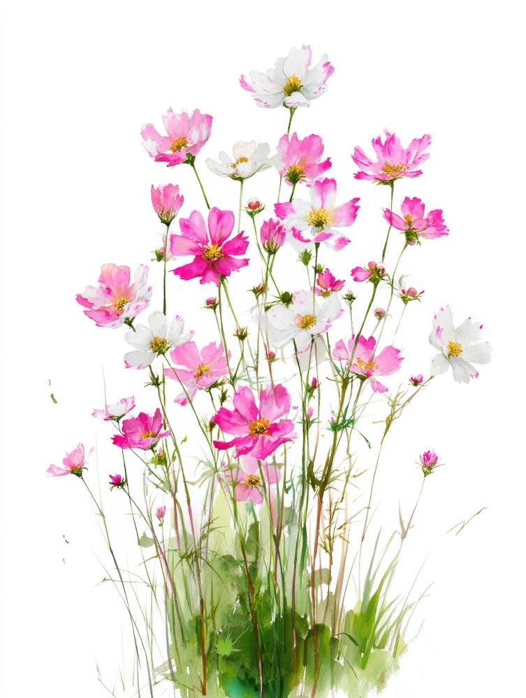 Pink Cosmos Watercolor Painting 1