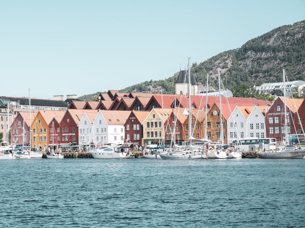 World heritage site Bryggen in Bergen, Norway - summer vintage architecture and travel photography by Christa Stroo Photography