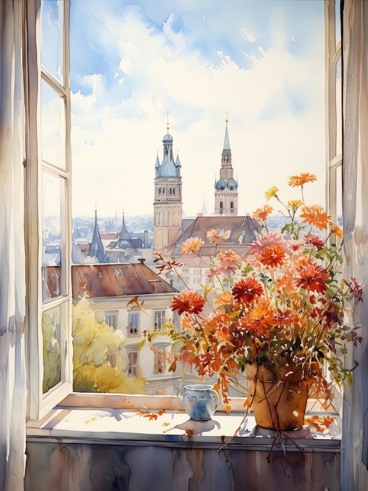 Window View Of Munich Germany In Autumn Fall, Watercolour 1