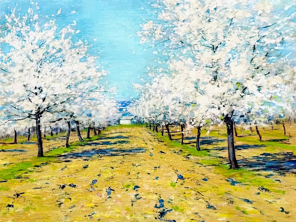 Blossoming Orchard, Colorful Vintage Landscape