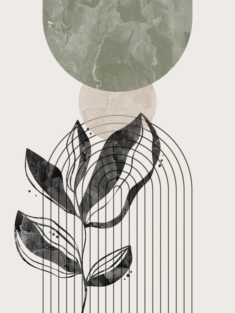 Boho Botanical Art, Sage Green, Black and Beige Mid-Century Modern, Abstract Line