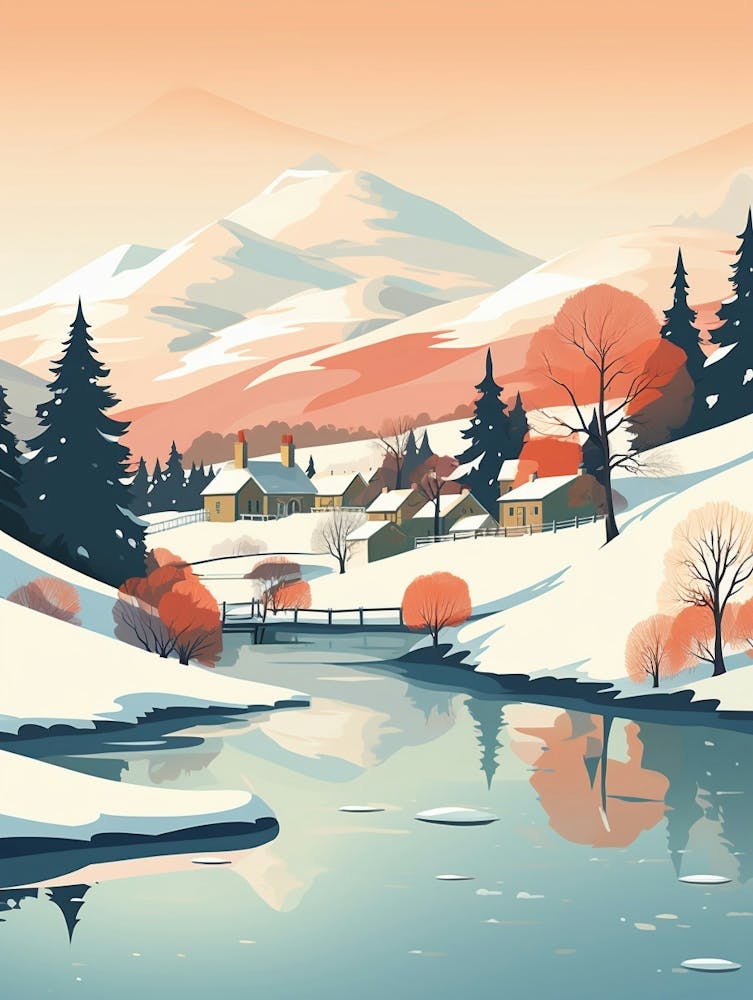 Vintage Winter Travel Illustration Lake District United Kingdom 5