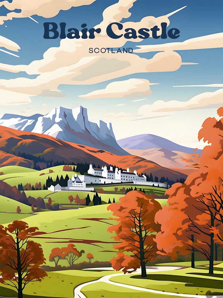 Blair Castle Scotland Autumn Modern Travel Illustration