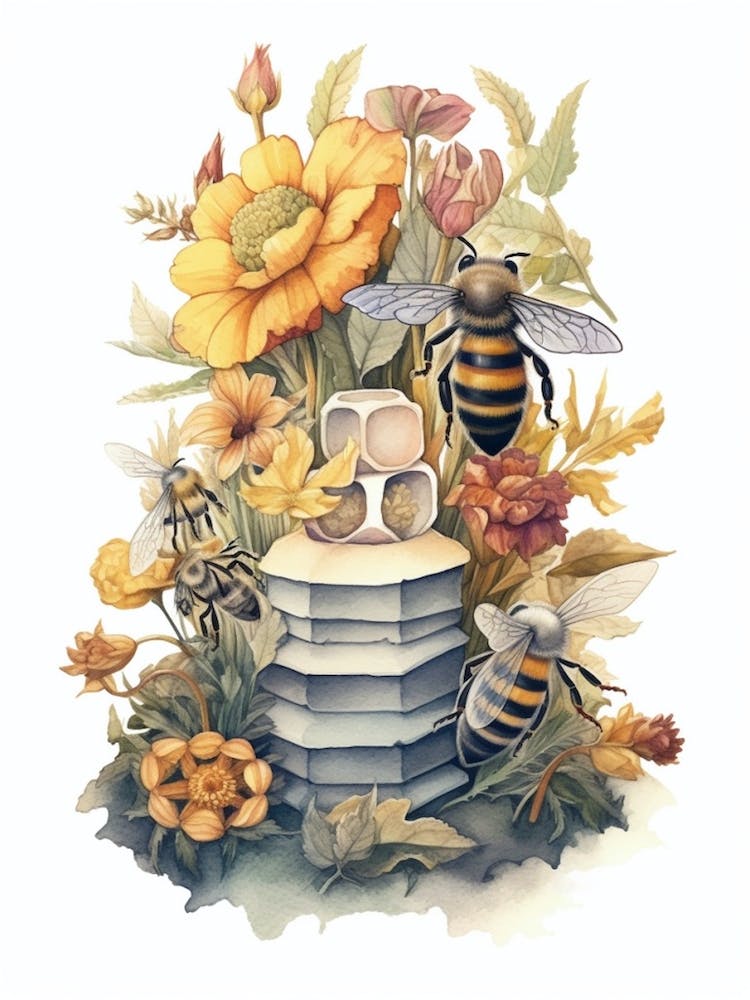 Four Banded Flower Bee Beehive Watercolour Illustration 4