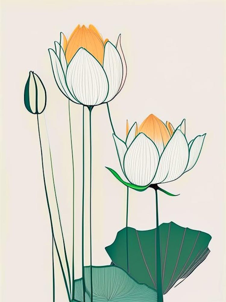 Lotus Flowers In Garden Minimal Line Drawing 1