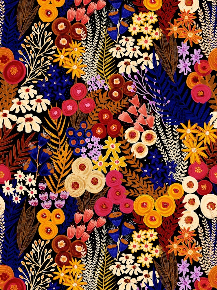 Into The Garden - Abstract Floral Wild Flower Meadow Midnight