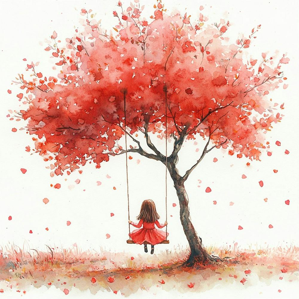 A Girl On A Swing Pink Rose Tree Watercolor Painting