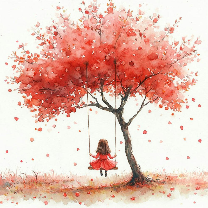 A Girl On A Swing Pink Rose Tree Watercolor Painting