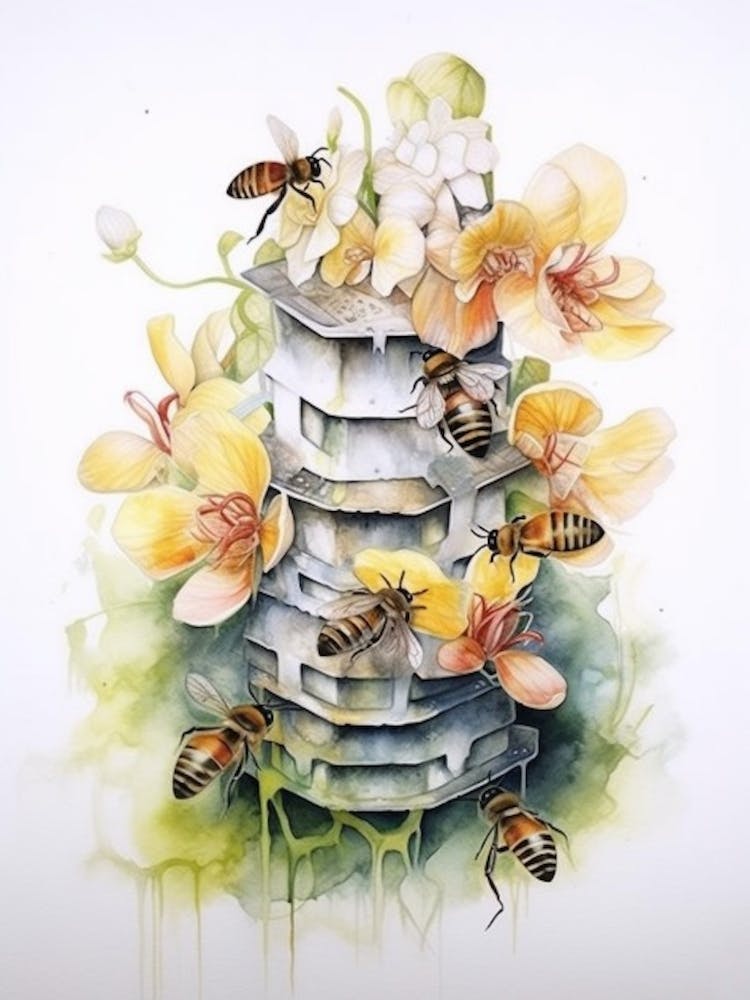 Beehive With Orchids Watercolour Illustration 3