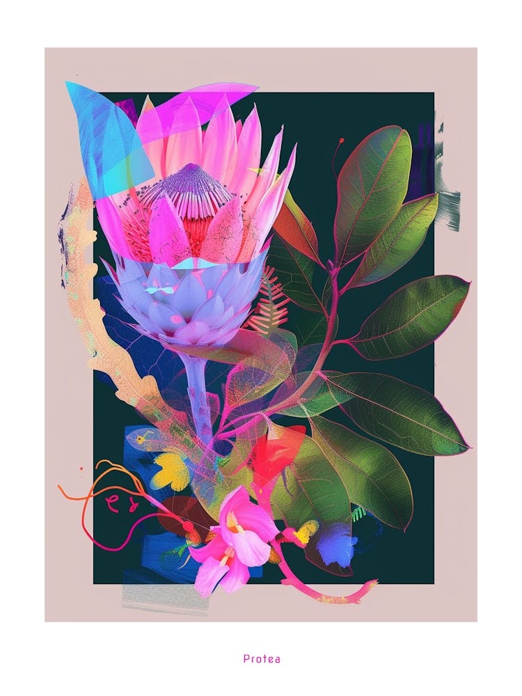 Protea 4 Neon Flower Collage Poster