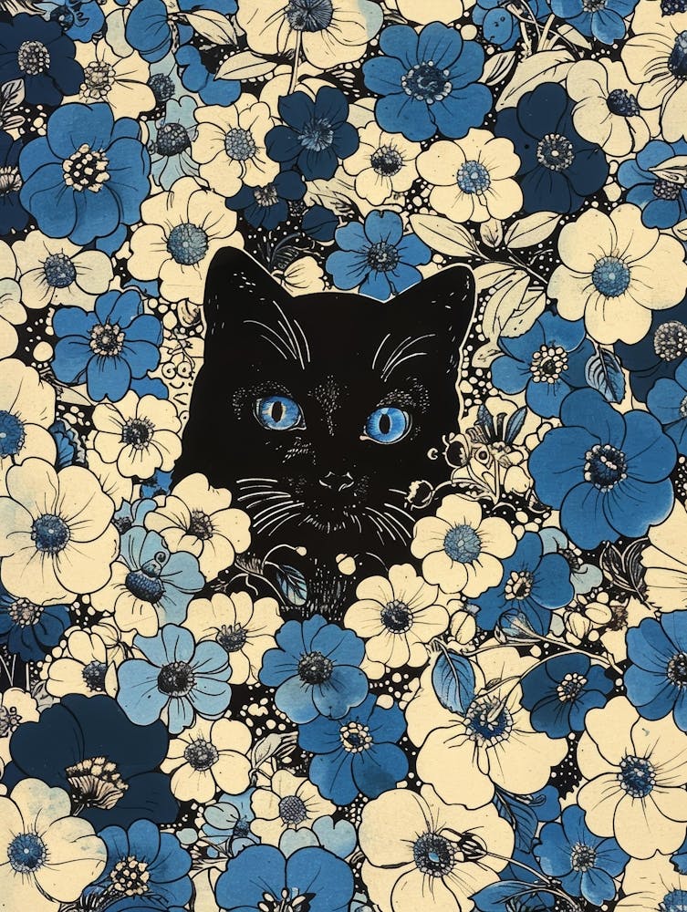 Black Cat In Blue Flowers 8