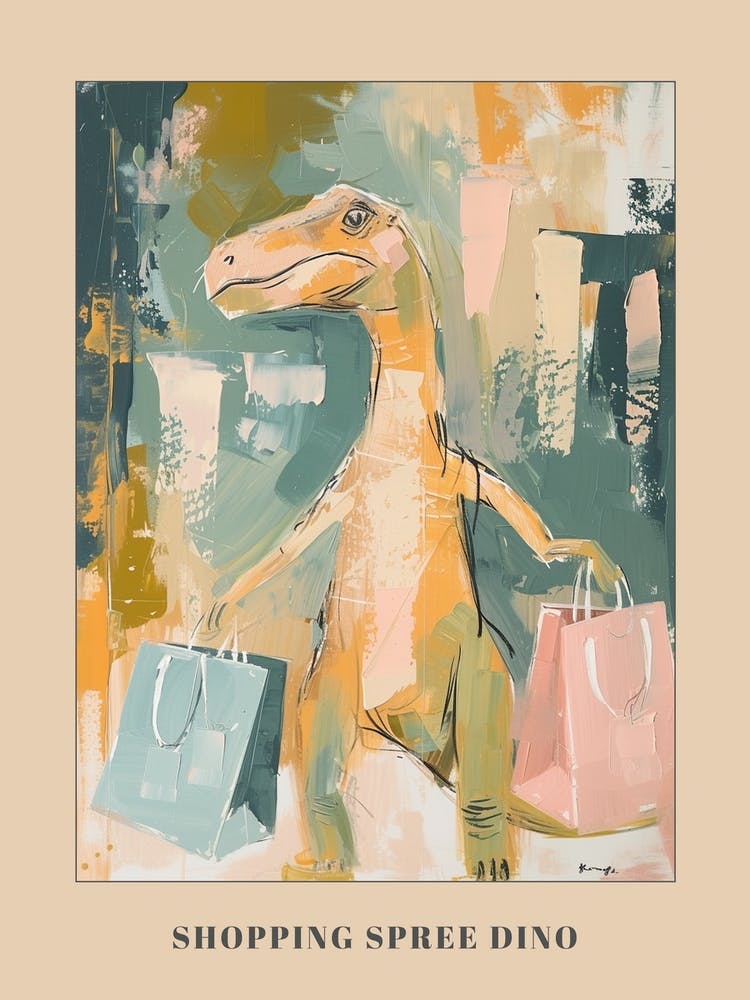 Pastel Dinosaur With Shopping Bags Poster
