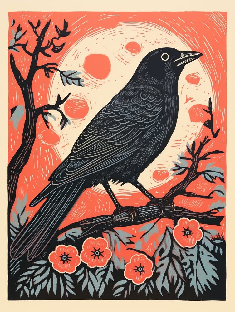 Vintage Bird Linocut Crow 1