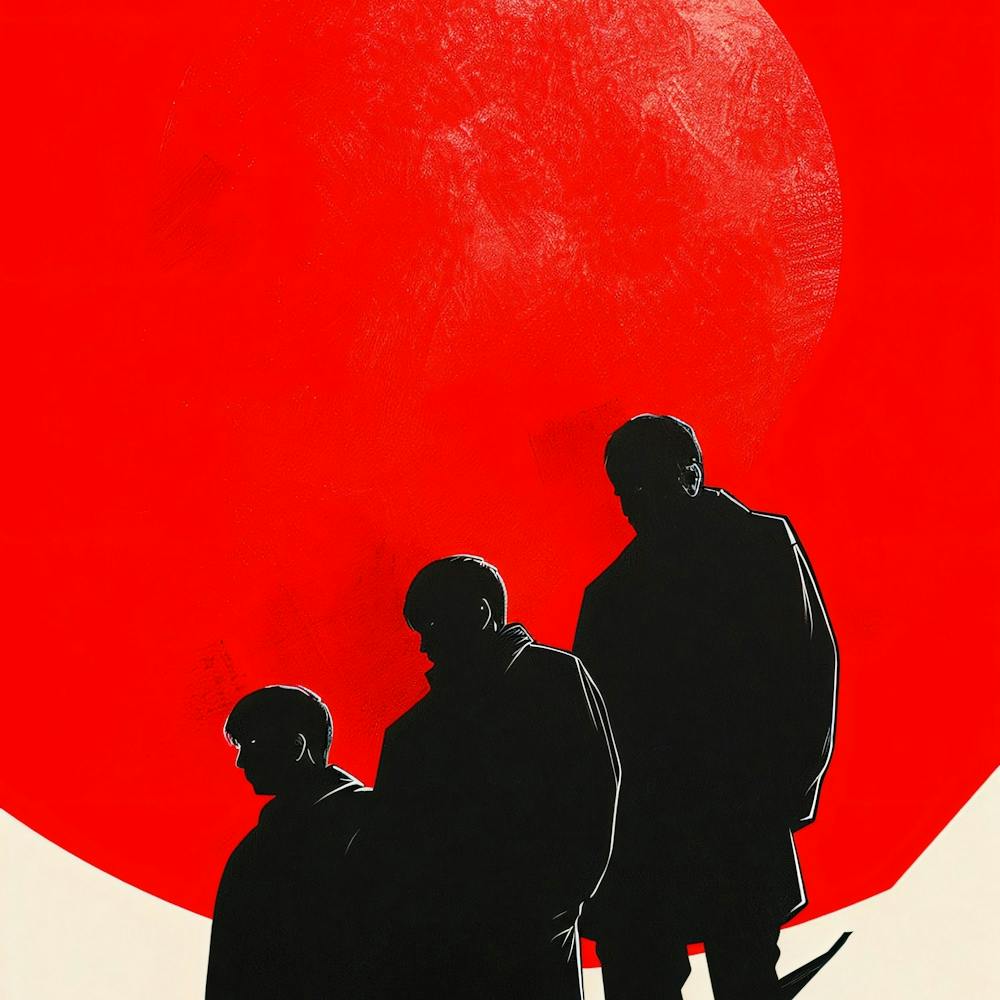 Three Men Standing In Front Of A Red Moon