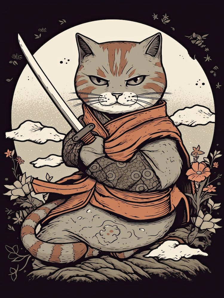 Cute Samurai Cat In The Style Of William Morris 6