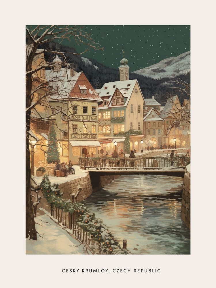 Vintage Winter Poster Cesky Krumloy Czech Republic 5