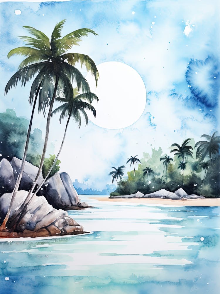 Watercolour Of Anse Source D Argent   La Digue Seychelles 1
