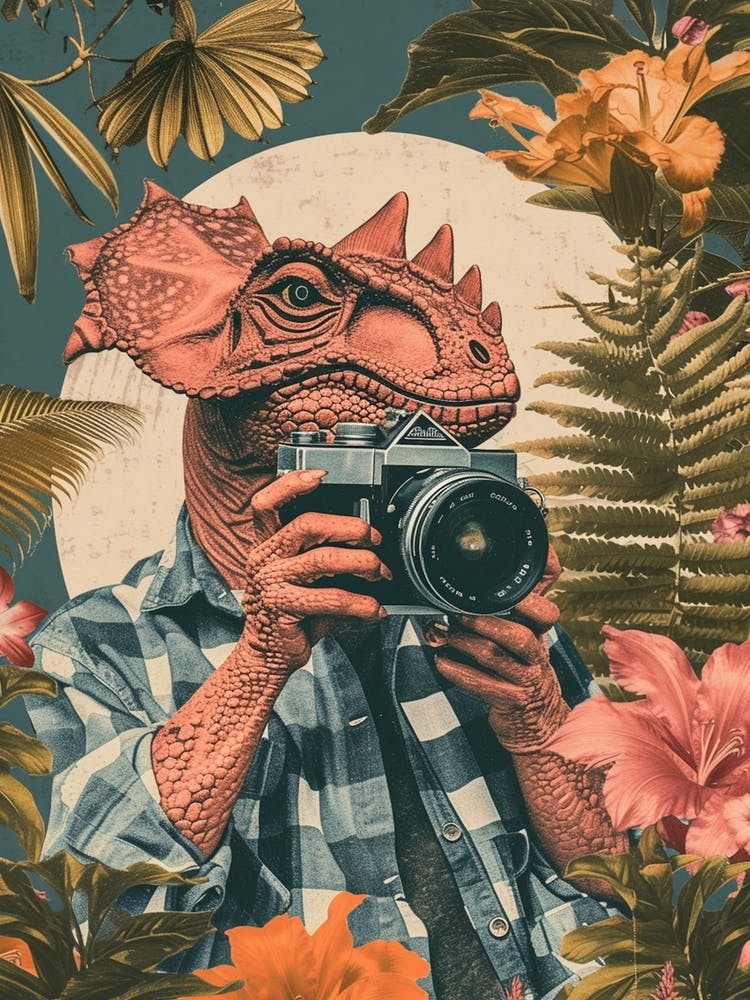 Retro Collage Dinosaur Taking A Photo On An Analogue Camera 2