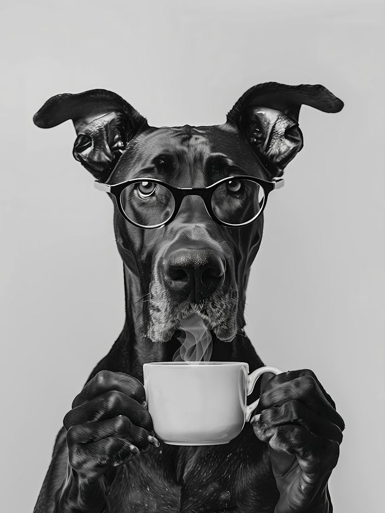 Great Dane And Coffee Wall Art, Black And White Print, Coffee Lover Print, Dog Gift, Funny Dog Poster, Coffee Bar Art, Kitchen Wall Decor