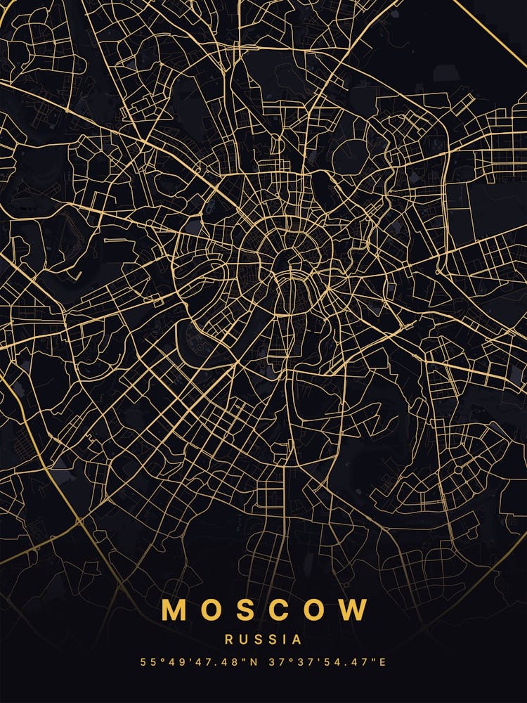Moscow Russia Black And Gold Map Zoomed