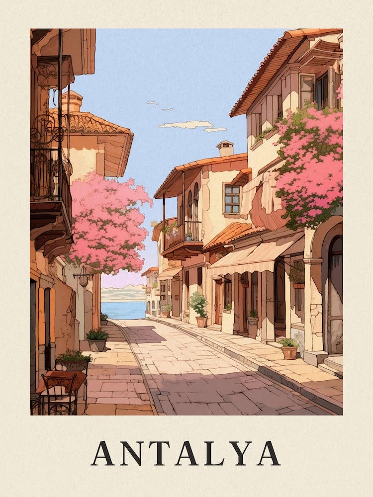 Antalya Turkey 5 Vintage Pink Travel Illustration Poster
