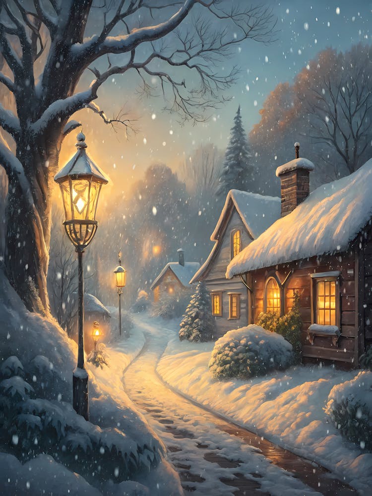 Oil Painting Style Snowy Christmas Village Enchanted Winter Landscape with Lanterns