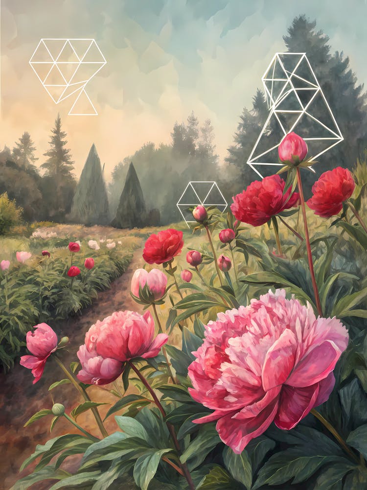 Oil Painting Style Peony Garden With Abstract Geomitric